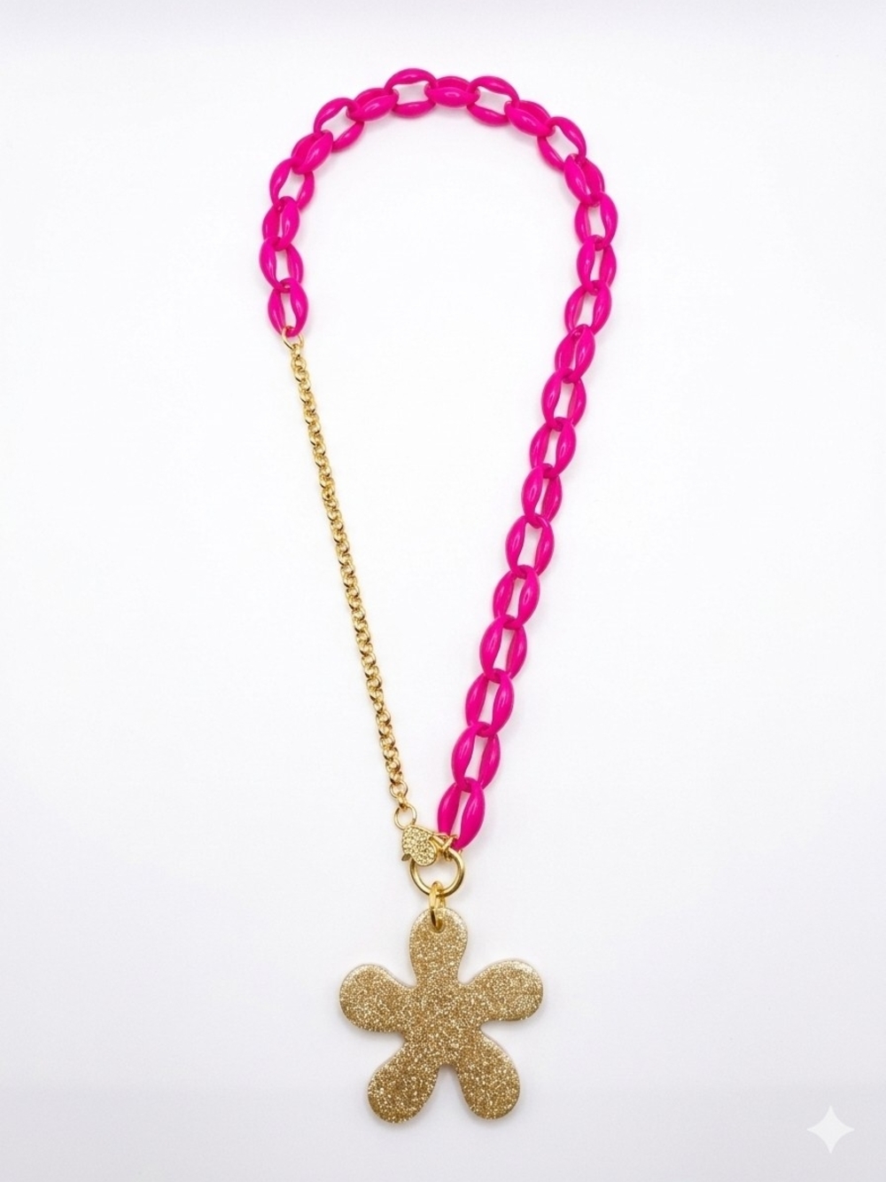Gold Glitter Flower Pendant Necklace with Hot Pink Chain - Women Jewelry